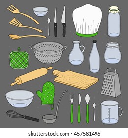 Hand drawn kitchen utensils isolated on chalkboard background.
