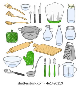 Hand drawn kitchen utensils isolated on white background.