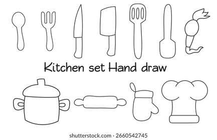 utensílios de cozinha desenhados à mão sobre fundo branco