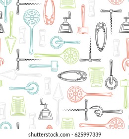 Hand drawn kitchen utensils seamless pattern. Vector color cutlery background