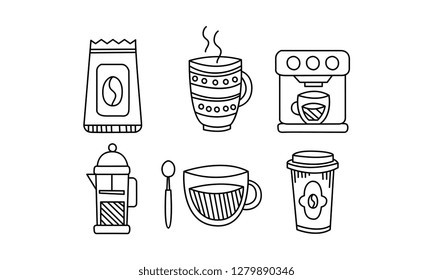 Hand drawn kitchen utensils set, coffee pot, mug, coffee machine, disposable paper cup vector Illustration