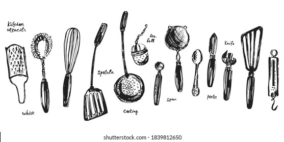 Hand drawn kitchen utensils set, ink sketch of spatula, peeler, knife, weigher, tea ball, spoon, whisk, grater, sieve. For wall art or kitchen poster.