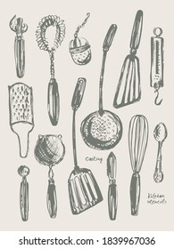 Hand drawn kitchen utensils set, ink sketch of spatula, peeler, knife, weigher, tea ball, spoon, whisk, grater, sieve. For wall art or kitchen poster.