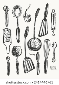 Hand drawn kitchen utensils set, ink sketch of spatula, peeler, knife, weigher, tea ball, spoon, whisk, grater, sieve. For wall art or kitchen poster.