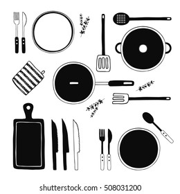 Hand drawn kitchen utensils set. Kitchen tools collection. Cooking equipment, kitchenware, tableware, dishes. Black and white sketch doodle elements for design. Vector flat illustration. Isolated