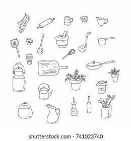 Hand drawn kitchen utensils set. Pots and other kitchen related elements doodle collection.