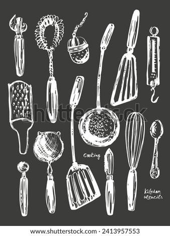 Hand drawn kitchen utensils set, chalk sketch of spatula, peeler, knife, weigher, tea ball, spoon, whisk, grater, sieve. For wall art or kitchen poster.