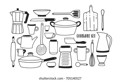 Hand drawn kitchen utensils and tools for cooking standing on shelves and hanging on hooks against white background. Drawing of cookware in monochrome colors. Vector illustration in doodle style.