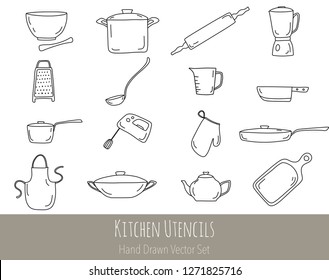 Hand Drawn Kitchen Utensils Vector Set. Line art design elements for cafe or restaurant menu.