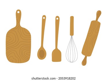 Hand drawn kitchen wooden items. Doodle vector illustration of cute baking tools: rolling pin, whisk, spoon, cutting board. Kitchenware collection