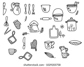 Hand drawn of kitchenware doodle set on white background, vector illustration design.