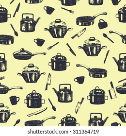hand drawn kitchenware seamless pattern