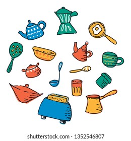 Hand drawn kitchenware. Simple stylized forms. Colorful elements.