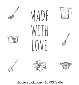 Hand drawn kitchenware sketches set. Collection of saucepan, turner, skimmer and other sketch elements.
