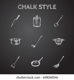 Hand Drawn Kitchenware Sketches Set. Collection Of Spatula, Container, Colander Sketch Elements.