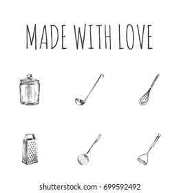 Hand Drawn Kitchenware Sketches Set. Collection Of Container, Soup Spoon, Colander Sketch Elements.