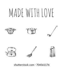 Hand Drawn Kitchenware Sketches Set. Collection Of Sieve, Soup Spoon, Spatula And Other Sketch Elements.