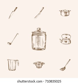 Hand Drawn Kitchenware Sketches Set. Collection Of Container, Measurement, Spatula And Other Sketch Elements.