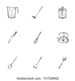 Hand Drawn Kitchenware Sketches Set. Collection Of Soup Spoon, Meat Tenderizer, Blade And Other Sketch Elements.