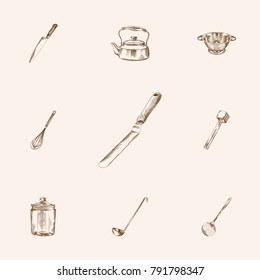 Hand Drawn Kitchenware Sketches Set. Collection Of Container, Beater, Teapot And Other Sketch Elements.