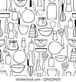 Hand drawn kitchenware. Vector  seamless pattern