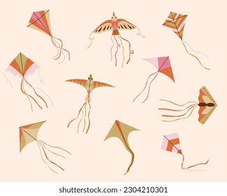 Juego de iconos de cometas dibujados a mano. Festival Makar Sankranti. Ilustración simple aislada en el fondo beige.