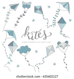 Hand drawn kites, kites set, blue kites, sweet illustration