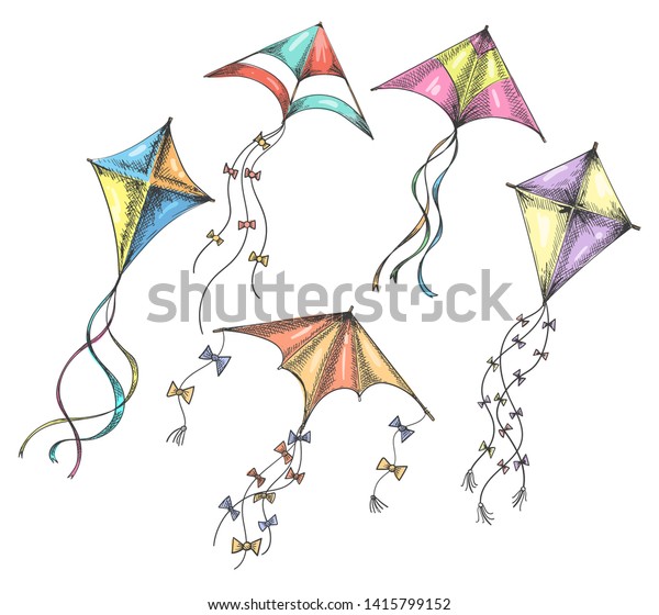 Hand drawn kites. Vector doodle cute kite toys in sky fly for happy