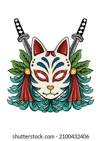 hand drawn kitsune mask with samurai culture japanese illustration