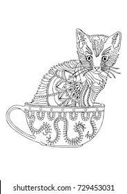 Mano dibujó gatito en una taza. Esbozo para el libro de colorear para adultos anti estrés en estilo zen-maraña. Ilustración vectorial para página de coloreado o para impresión en pantalones T. 