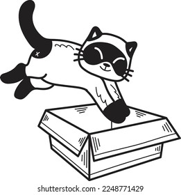Hand Drawn kitten jumped into the box illustration in doodle style isolated on background