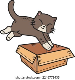 Hand Drawn kitten jumped into the box illustration in doodle style isolated on background