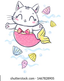 Hand drawn kitten mermaid and shell. Fantasy cute cat. Vector illustration. Print design for baby t-shirt.