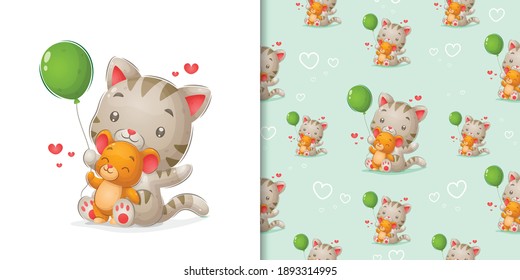Die handgezeichnete Kätzchen und die Maus, die mit dem grünen Ballon spielen, um das Muster der Illustration