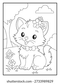 Hand Drawn Kitty Coloring Sheet for Toddlers. Cheerful Pet Character with Bold Outlines in a Spring Garden.