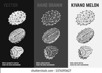 Hand drawn kivano icons set isolated on white, gray and black chalk background. Sketch of exotic fruits for packaging and menu design. Vintage vector illustrations.