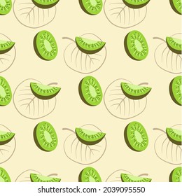 Hand Drawn Kiwi Fruit Seamless Pattern With Leaves Lineart Style. Fruit Pattern For Wallpaper, Backdrop, Wrapping Paper, Fabric Textile Pattern. Decorative Pattern.