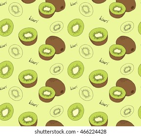 Hand drawn kiwi seamless pattern with signs - full, half and slice of tropic fruit. Colorful and sketching vector illustration.