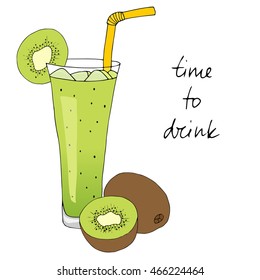 Hand drawn kiwi smoothie with ice, straw and ripe tropic fruit isolated on white background. Vector illustration.