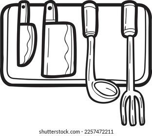Cuchillo de mano dibujado e ilustración de la cocina en forma de doodle aislado en el fondo