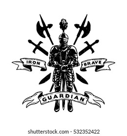 Hand drawn Knight in armor, weapons and ribbon for text.