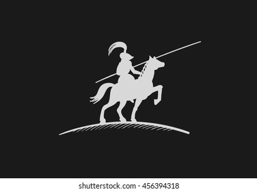 Hand drawn knight on his horse with spear on black background. Vector illustration.