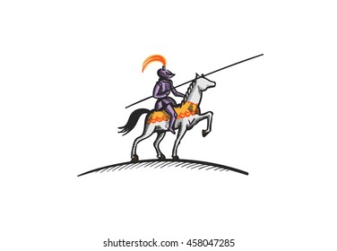 Hand drawn knight on horse with spear on white background. Vector illustration.