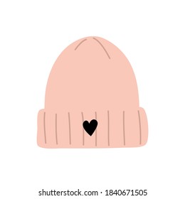 Hand drawn Knit Beanie with Embroidered Patch Love. Flat vector illustration.