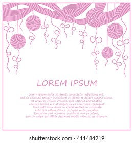 Hand drawn knit frame. Hand made yarn background. Vector illustration with clews.  Can be used us invitation card. Border with  clews. Hand made yarn background. 
