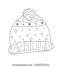 Hand drawn knit hat with decoration of snowflakes, dots, stripes, pompom or woolen ball. Contour drawing of seasonal clothing. Winter beanie or hat in doodle style isolated. Vector illustration