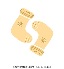 Calcetines de punto dibujados a mano con copo de nieve aislados en un fondo blanco.Elementos de vacaciones. Ilustración en un sencillo estilo plano. Se puede utilizar para la decoración de textiles, papel y otras superficies.