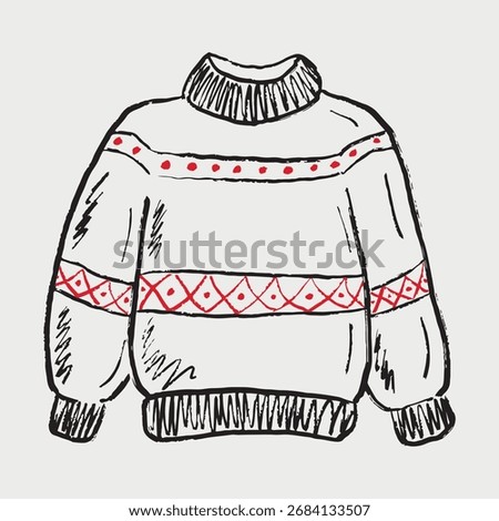 Hand drawn knitted winter sweater. Vector sketch illustration in vintage crayon style. Christmas clothes, holiday gift. Merry Christmas decoration
