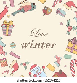 Hand drawn knitted winter symbols and accessories. Doodle holiday background and place for your text. Christmas wreath with bullfinch and gifts