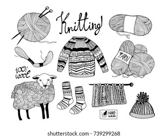 Hand drawn knitting elements. Graphic vector set. All elements are isolated